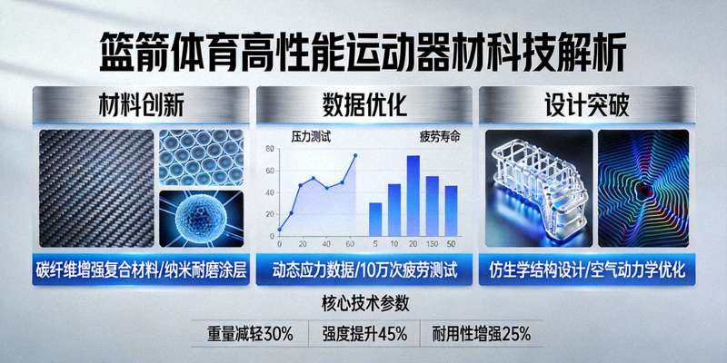 篮箭体育高性能运动器材科技解析信息图，展示材料、数据与设计三大创新维度
