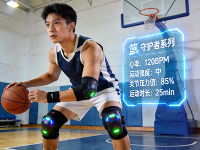 篮箭体育守护者系列智能护具套装在运动员身上的佩戴效果及数据监测界面
